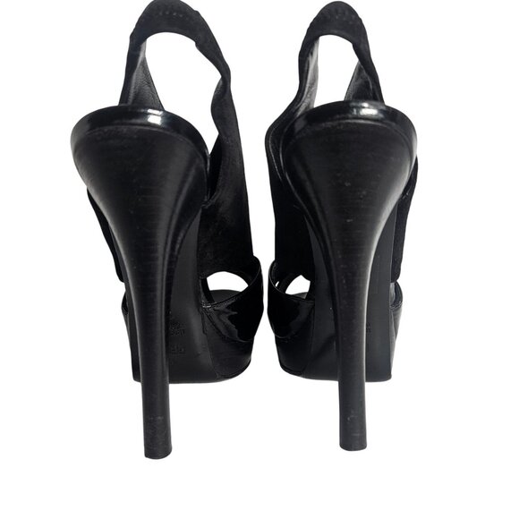 Fendi Women Peep Toe Slingback Heels Black 38.5 Patent Suede Power Glam Flawed - Picture 5 of 15